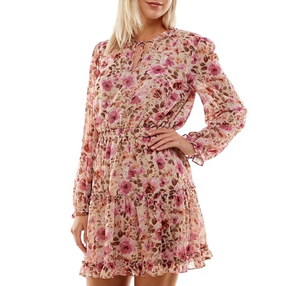 Crystal Doll Pink Floral Mini Tiered Ruffle Dress Lovely | Size Large (Juniors)